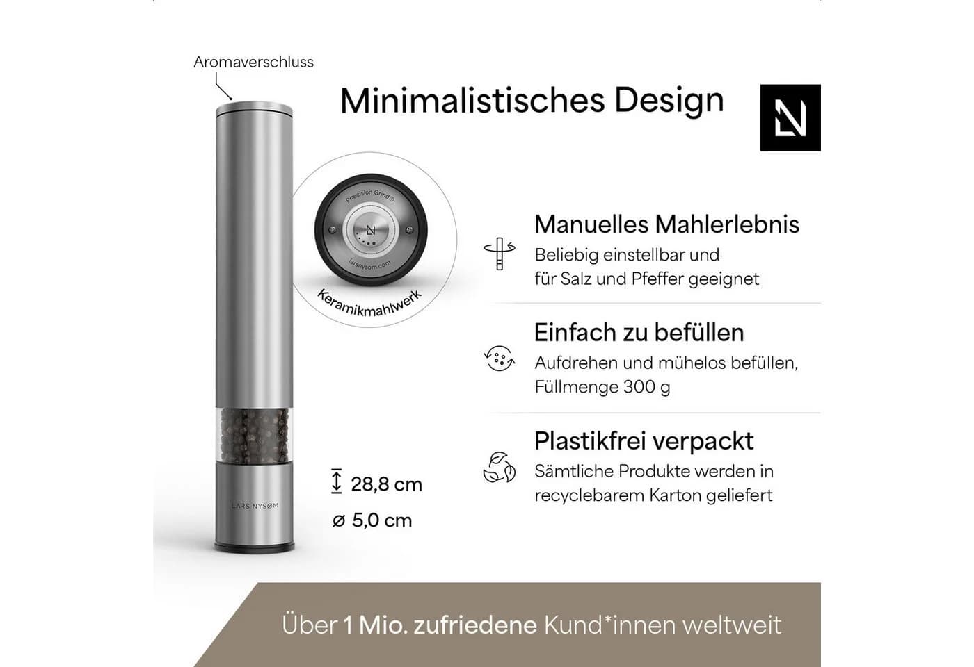 LARS NYSØM Gewürzmühle Lagom Edelstahl XXL Keramikmahlwerk Silber - Bild 4