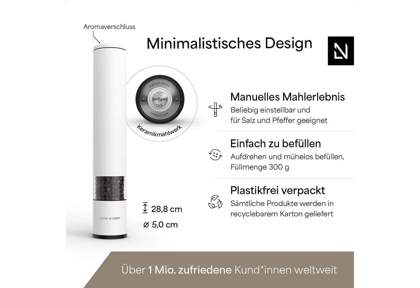 LARS NYSØM Gewürzmühle Lagom Edelstahl Weiß Keramikmahlwerk - Bild 4