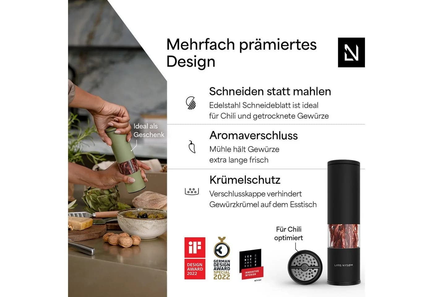 LARS NYSØM Gewürzmühle Lagom Chili Schwarz Edelstahl