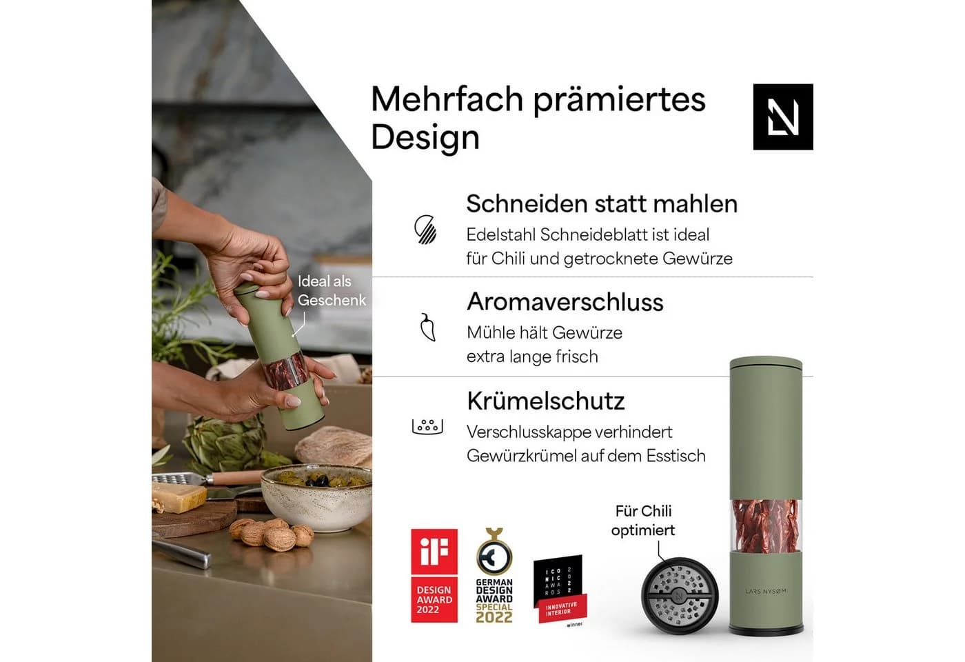 LARS NYSØM Gewürzmühle Lagom Chili Grün Edelstahl