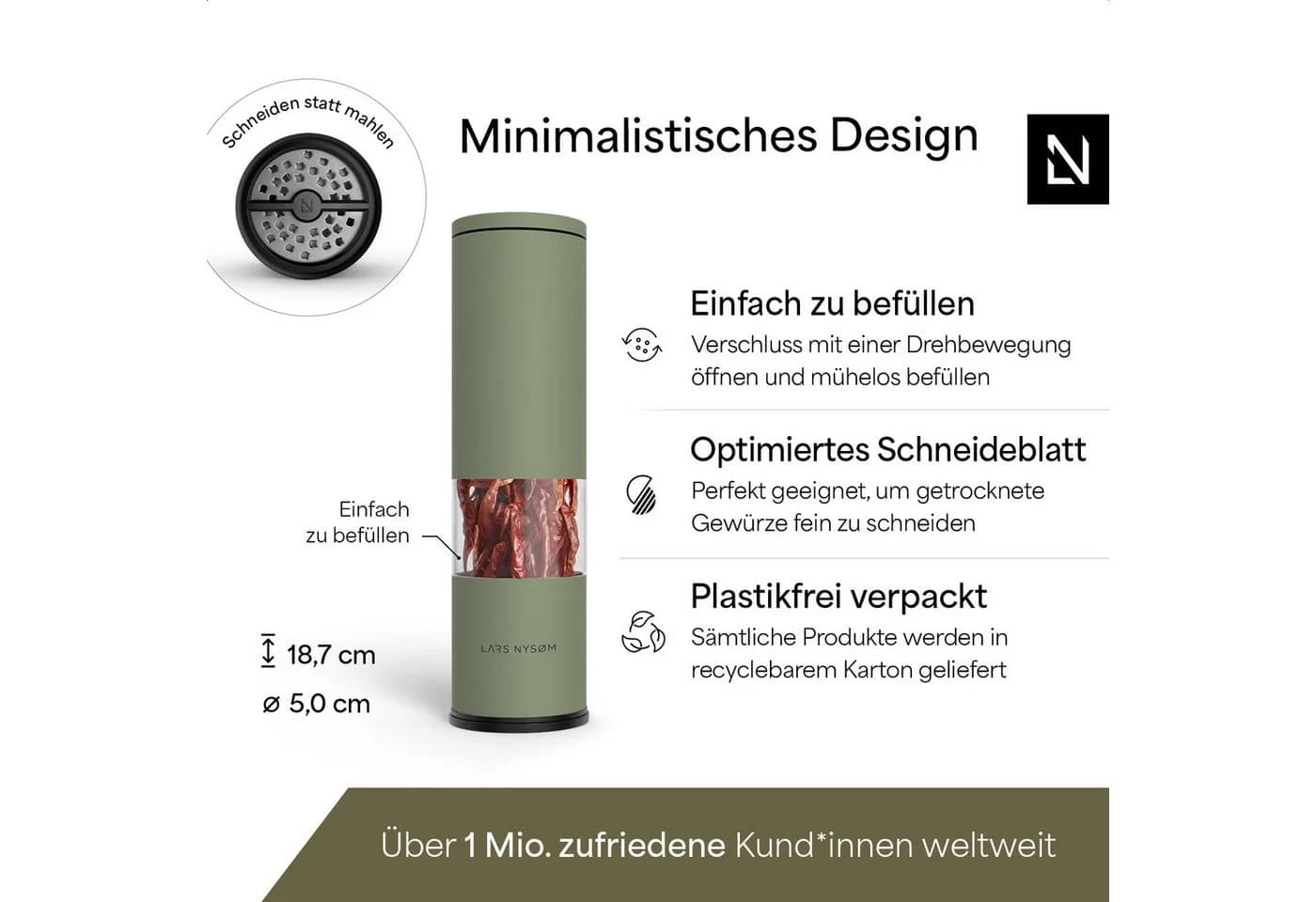 LARS NYSØM Gewürzmühle Lagom Chili Grün Edelstahl - Bild 4