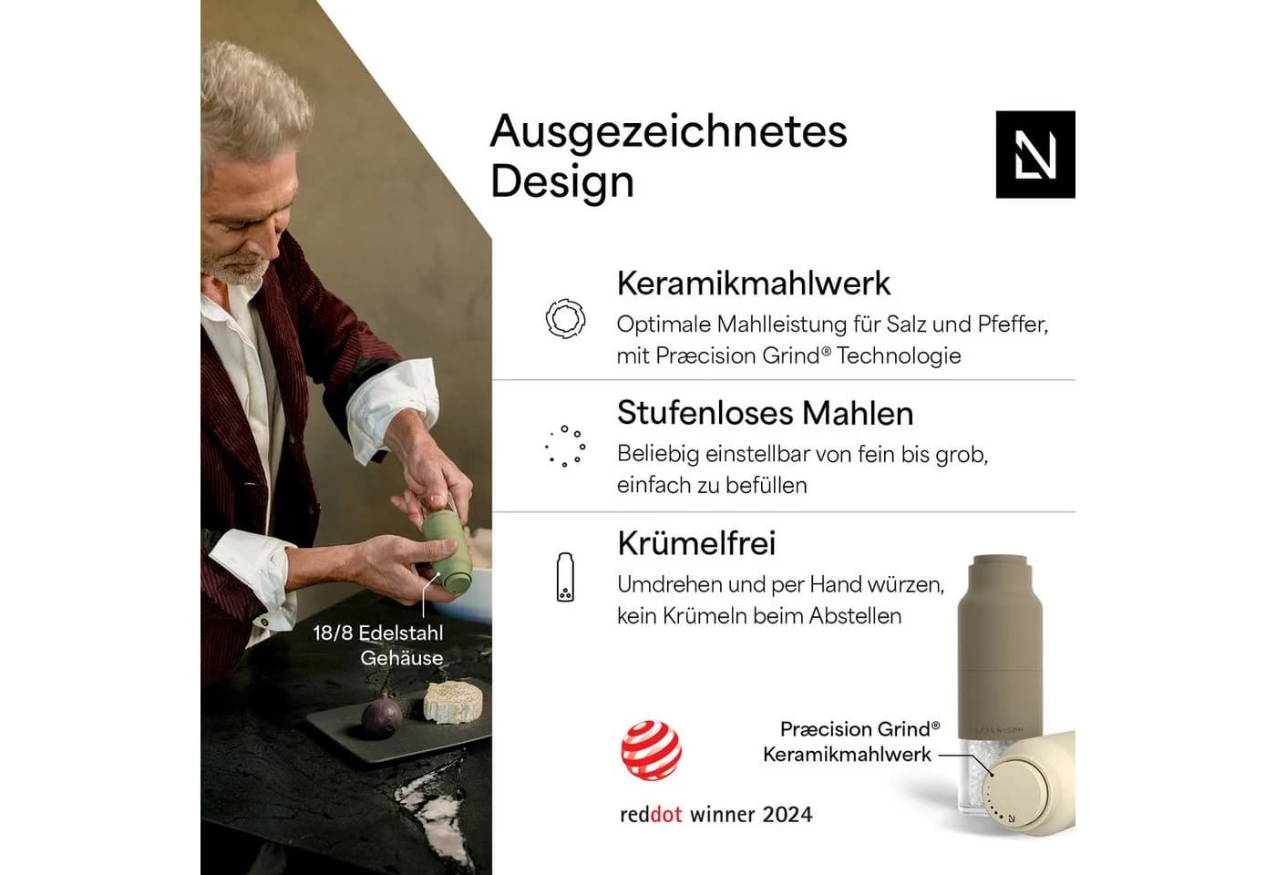 LARS NYSØM Gewürzmühle Omvendt 2er Set Keramikmahlwerk Edelstahl Acryl