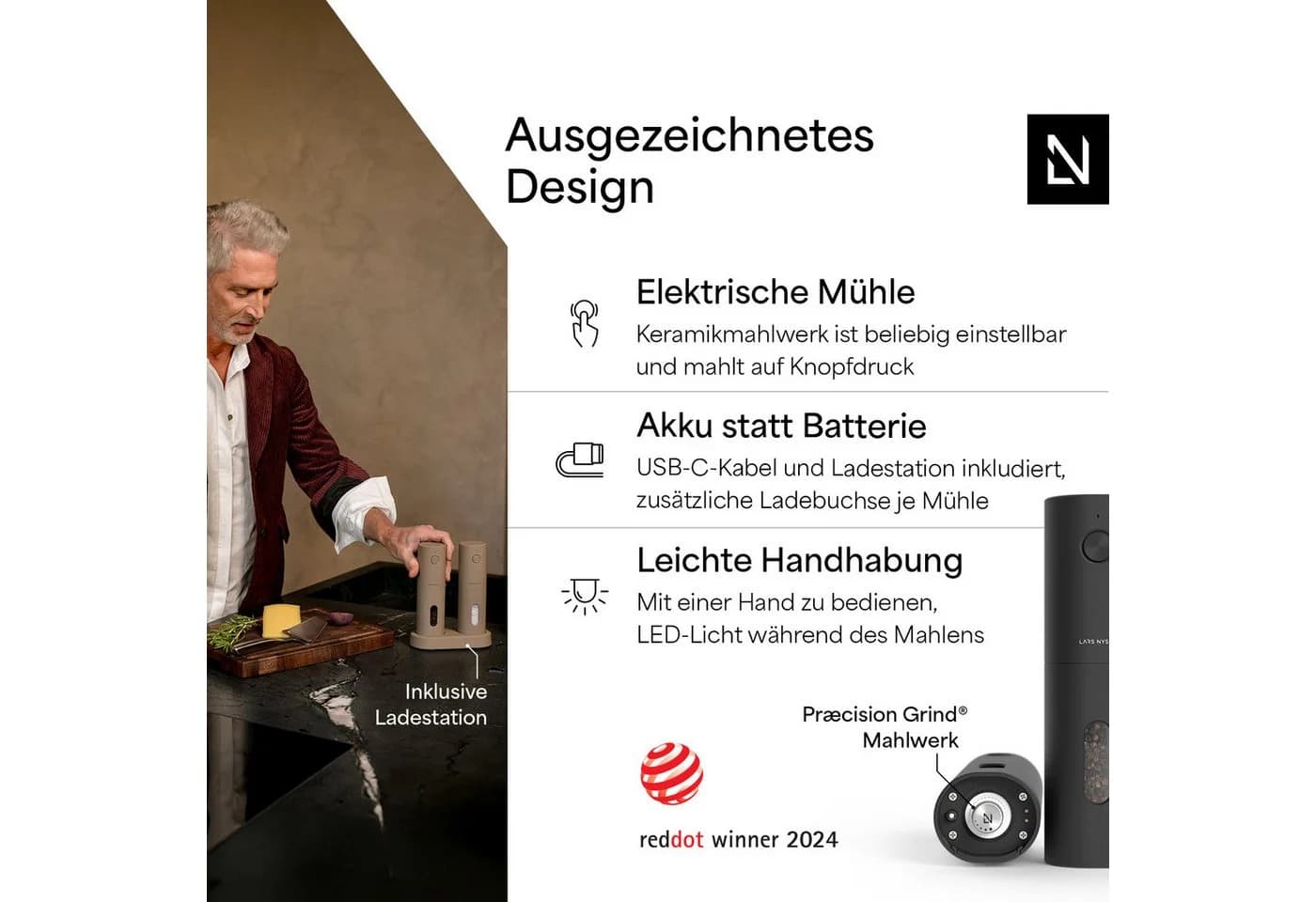 LARS NYSØM Elektrische Gewürzmühle 2er-Set Schwarz mit LED