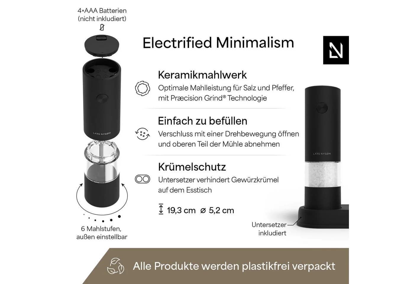LARS NYSØM Elektrische Gewürzmühle Kryd Schwarz mit Ständer - Bild 4