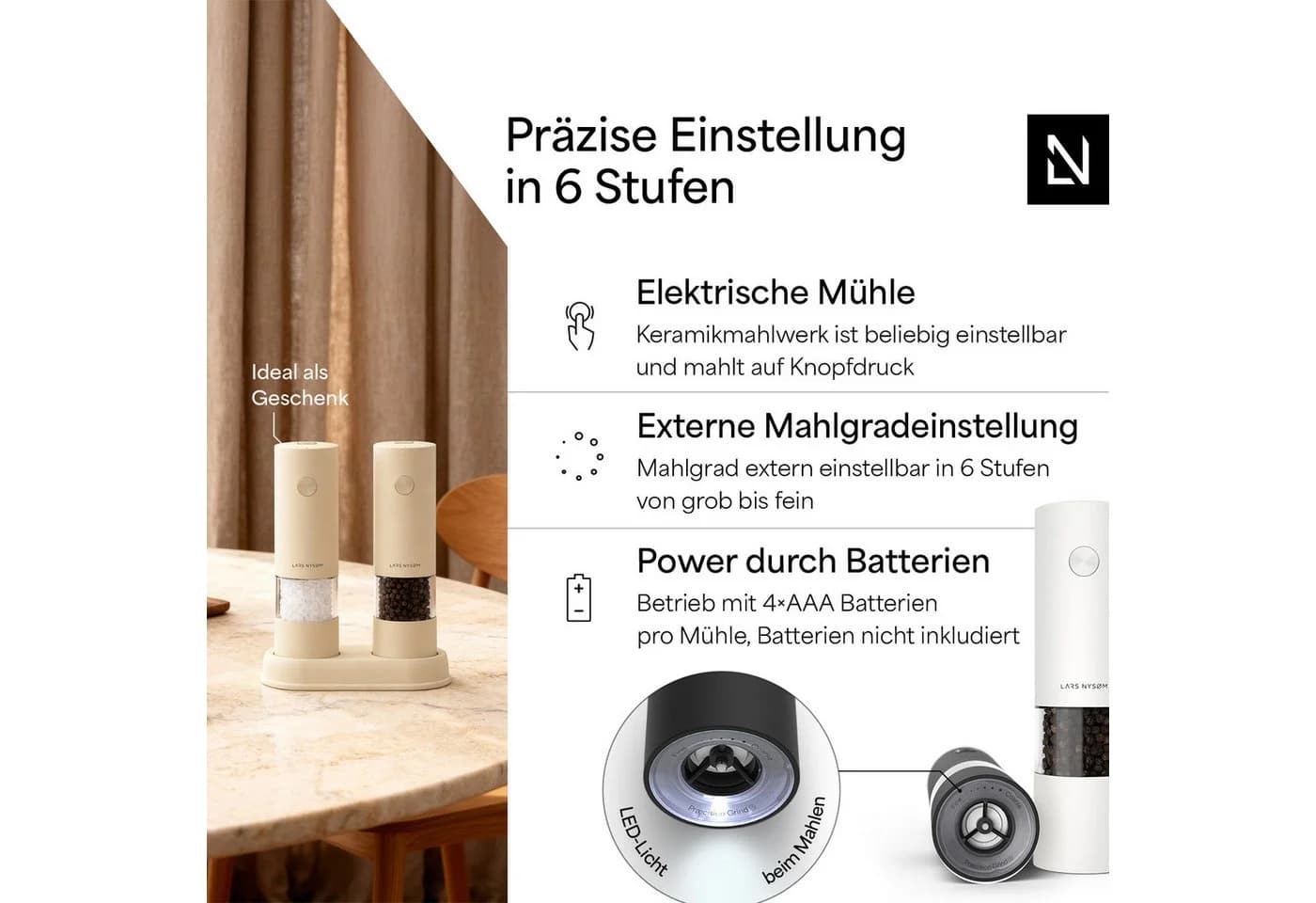 LARS NYSØM Elektrische Gewürzmühle 2er Set Schwarz/Weiß mit Ständer
