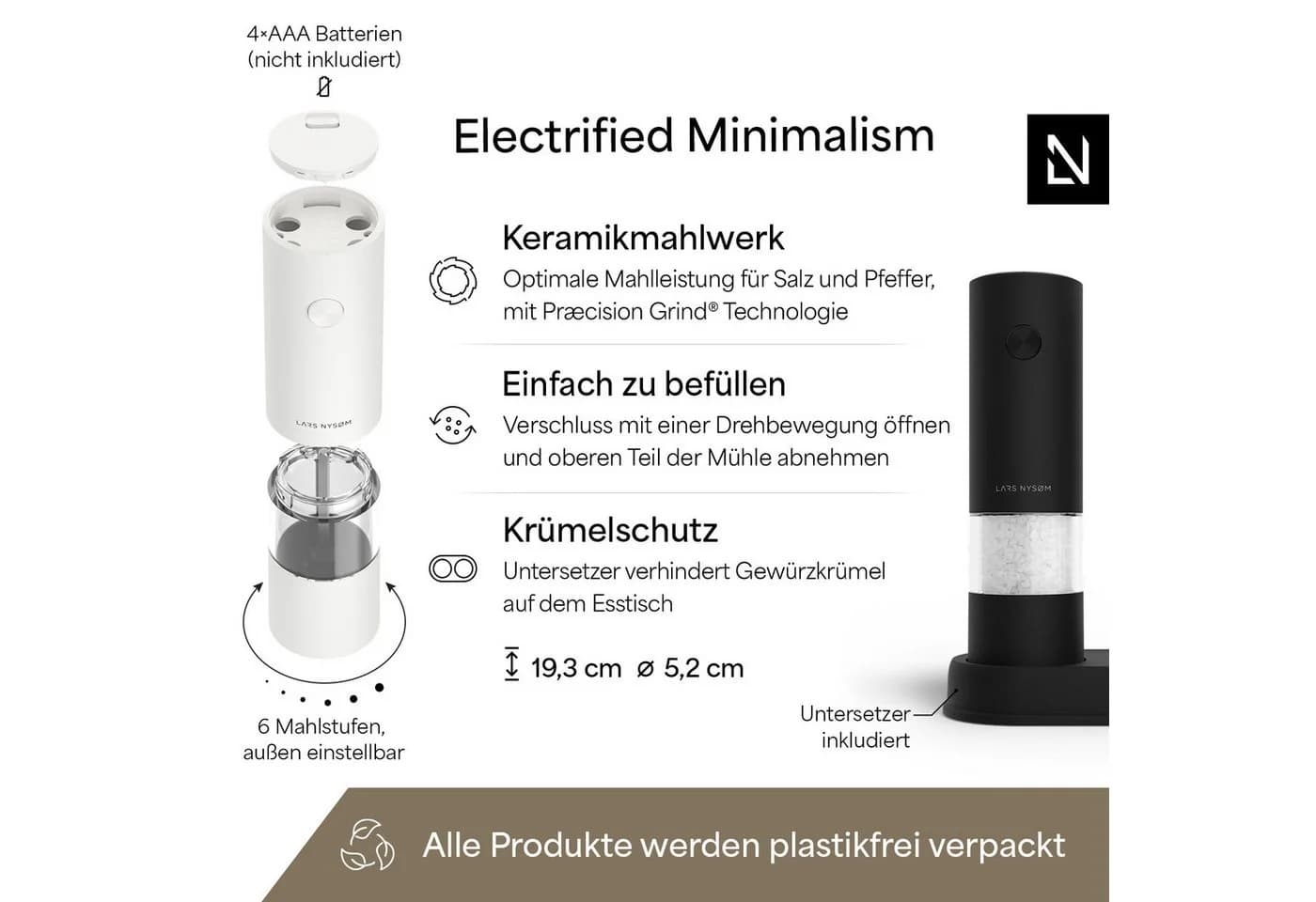 LARS NYSØM Elektrische Gewürzmühle 2er Set Schwarz/Weiß mit Ständer - Bild 4