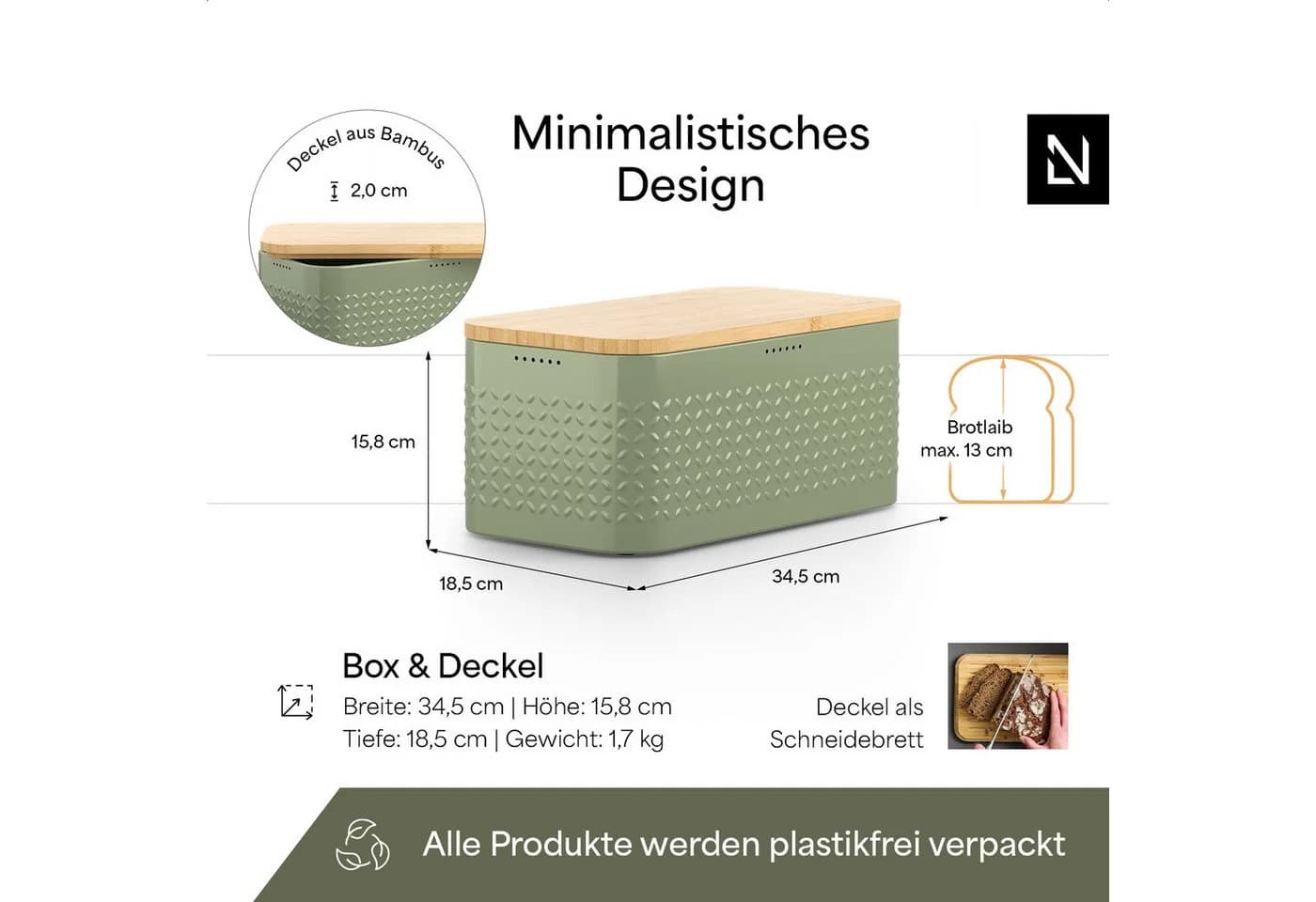 LARS NYSØM Brotkasten Glæde Bambus mit Schneidebrett-Deckel Grün - Bild 4