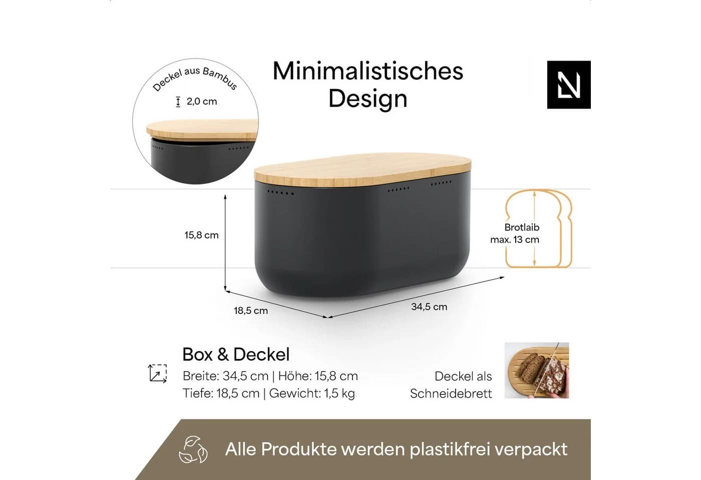 LARS NYSØM Brotkasten Ægte mit Schneidebrett-Deckel und Anti-Rutsch-Noppen - Bild 4