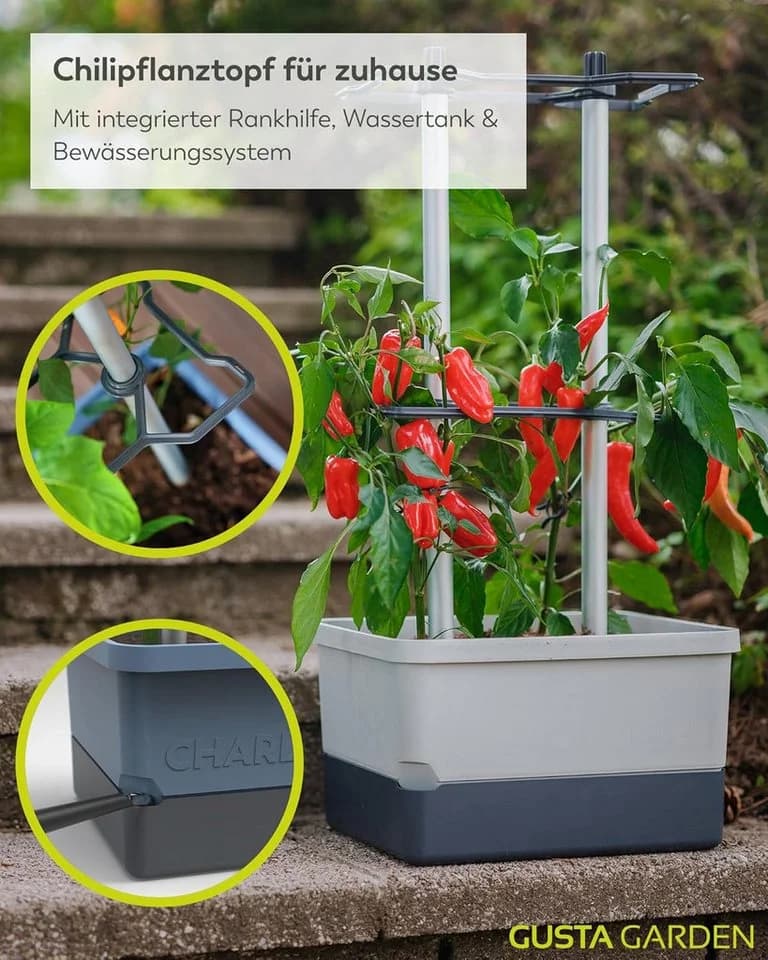 Gusta Garden Pflanzkübel CHARLY CHILI hellgrau mit Rankhilfe & Bewässerung