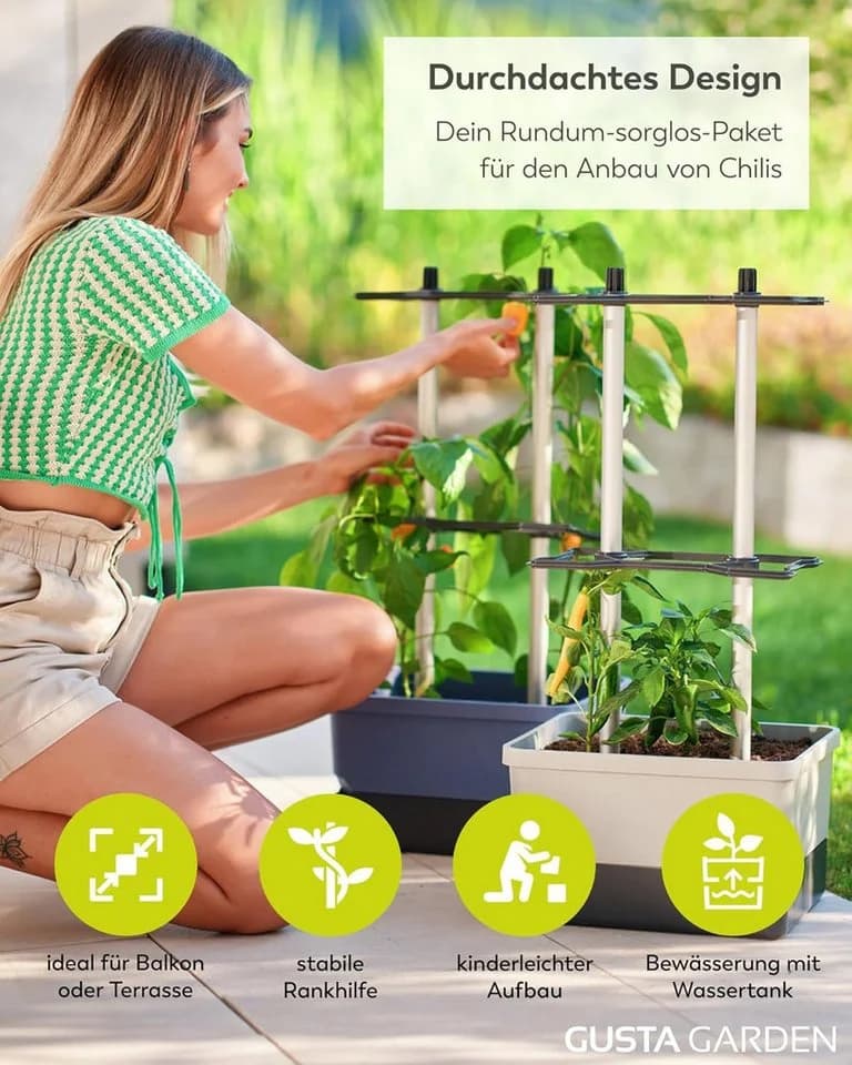Gusta Garden Pflanzkübel CHARLY CHILI hellgrau mit Rankhilfe & Bewässerung - Bild 3
