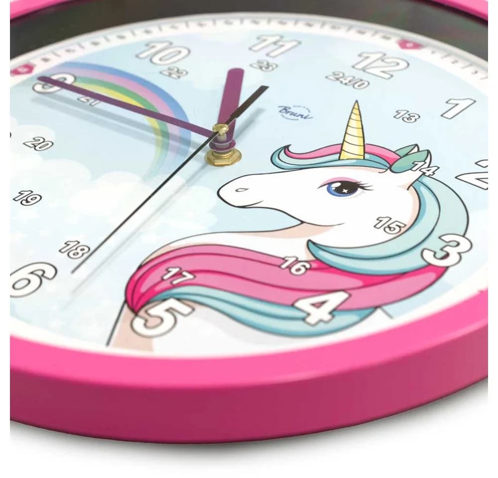 Bruni Kinderwanduhr Einhorn Blau-Pink mit Lernsystem