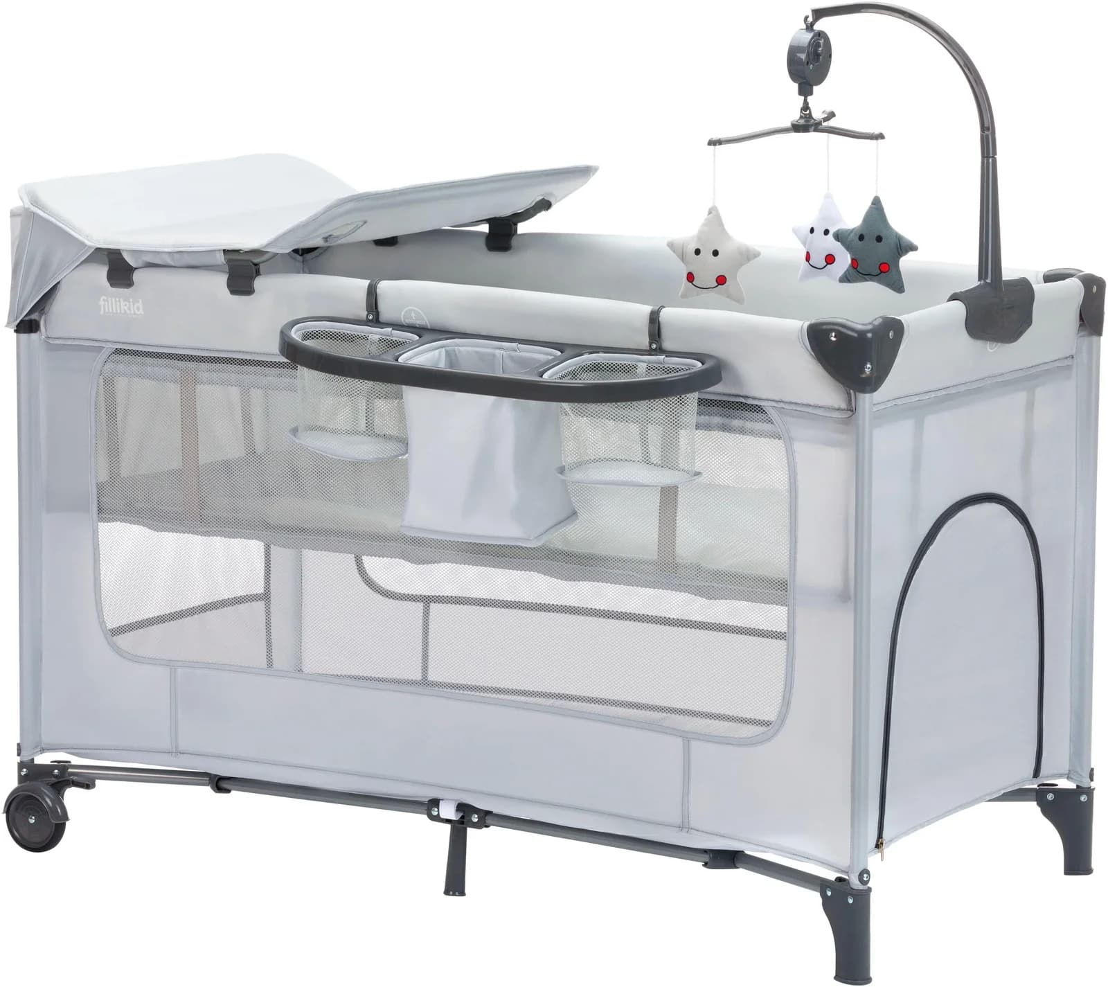 FILLIKID Capri Baby-Reisebett Grau mit Wickelaufsatz und Transporttasche
