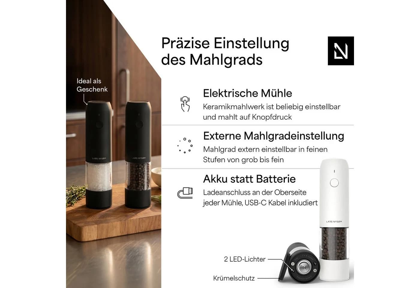 LARS NYSØM Elektrische Gewürzmühle Set Schwarz/Weiß mit LED