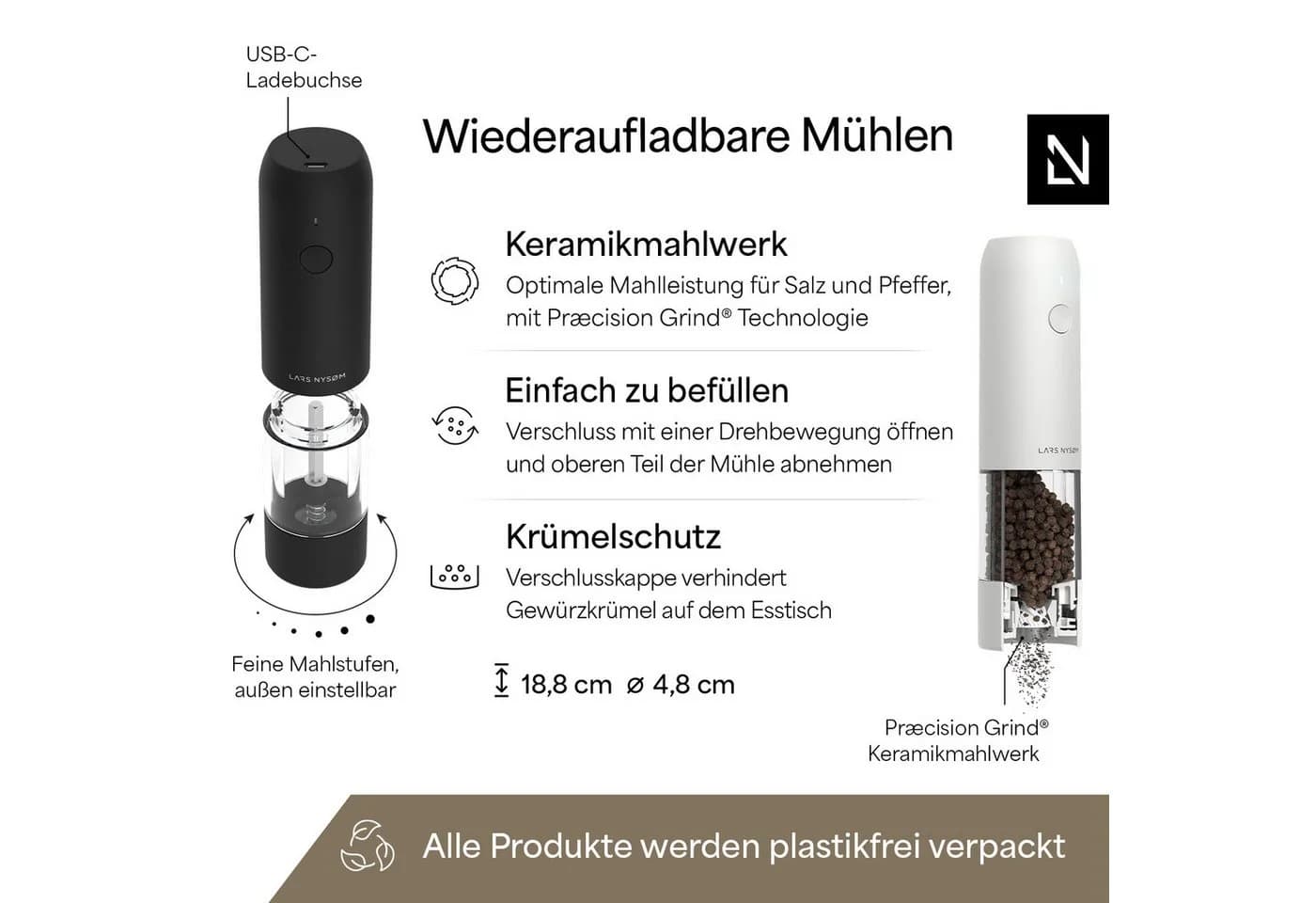 LARS NYSØM Elektrische Gewürzmühle Set Schwarz/Weiß mit LED - Bild 4
