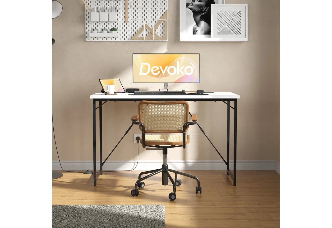 HOMALL Gamingtisch Computertisch Schwarz Braun Walnussfurnier Stahlrahmen - Bild 3