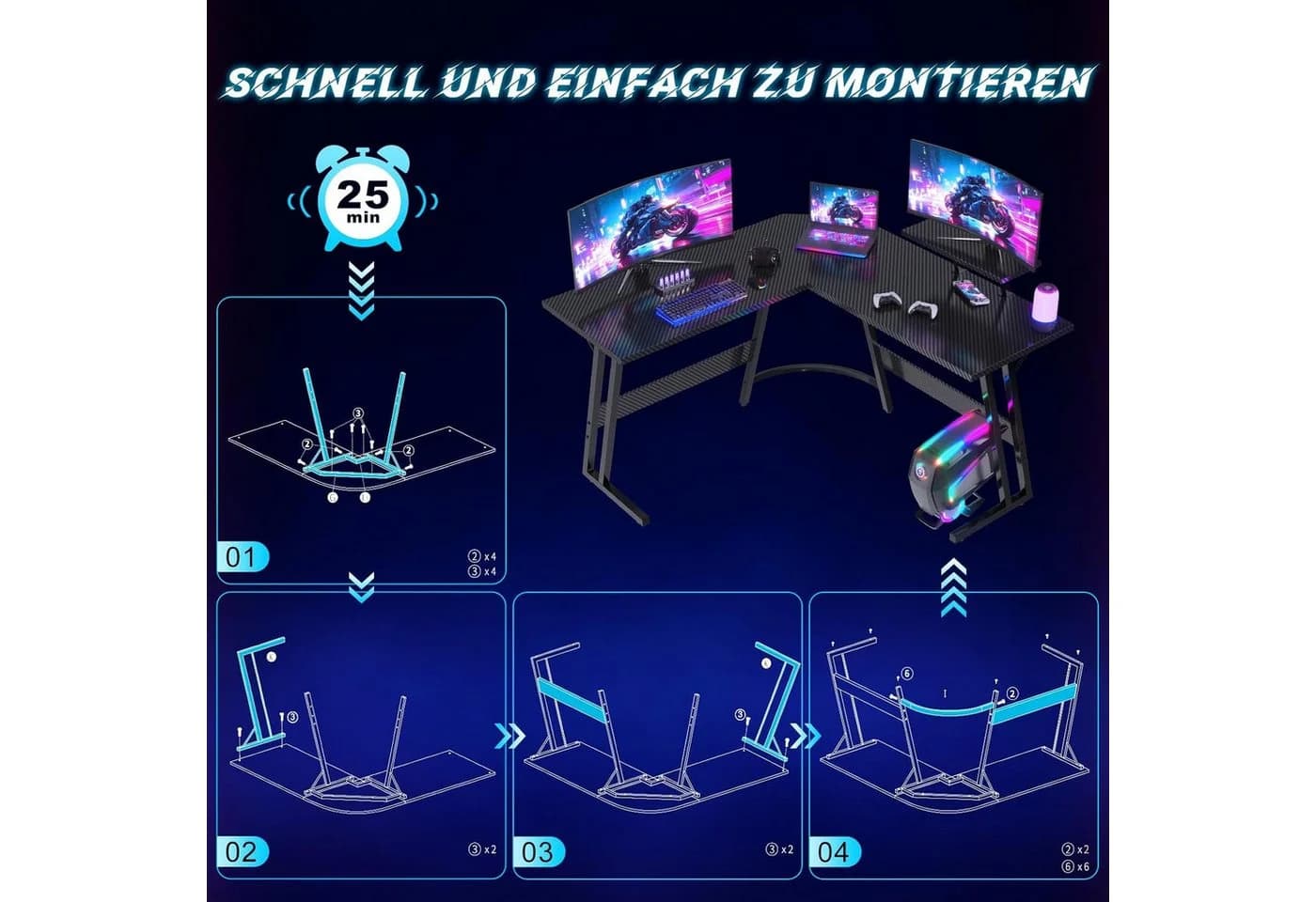 Furnicopia Eckschreibtisch L-Form Schwarz Kohlefaser Industriell - Bild 4