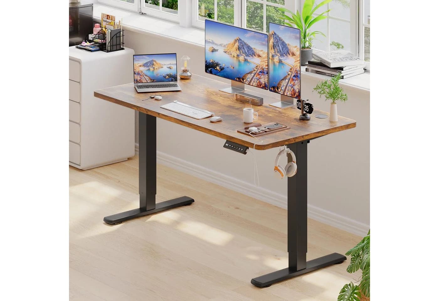 HOMALL Höhenverstellbarer Schreibtisch Braun Memory USB - Bild 2