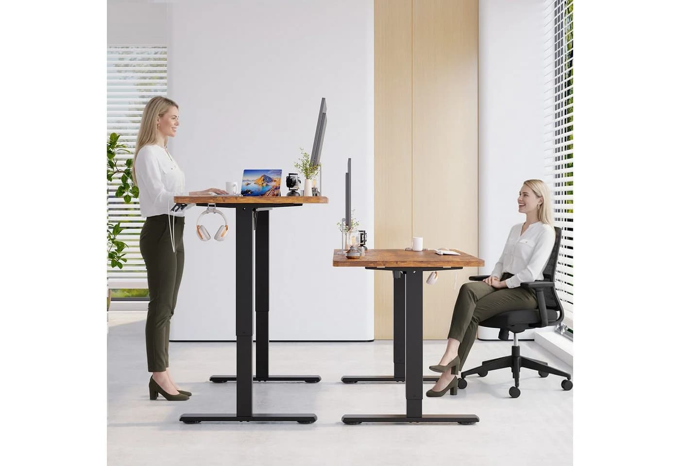 HOMALL Höhenverstellbarer Schreibtisch Braun Memory USB - Bild 3