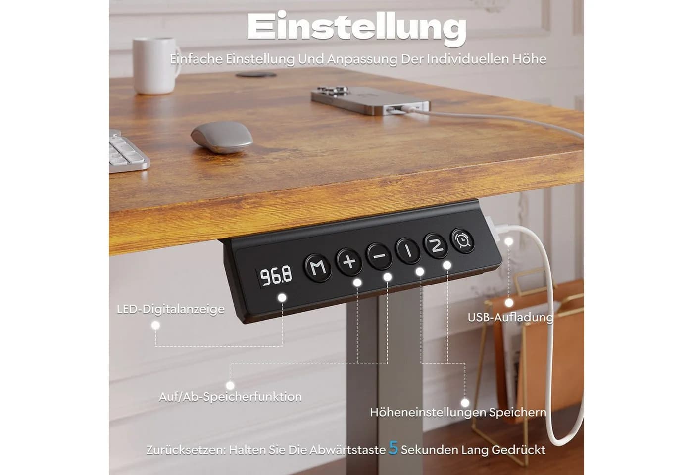 HOMALL Höhenverstellbarer Schreibtisch Braun Memory USB - Bild 4