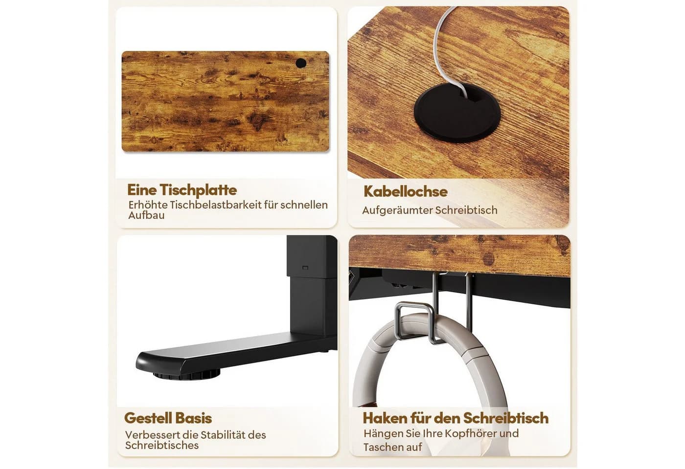 HOMALL Höhenverstellbarer Schreibtisch Braun Memory USB - Bild 5