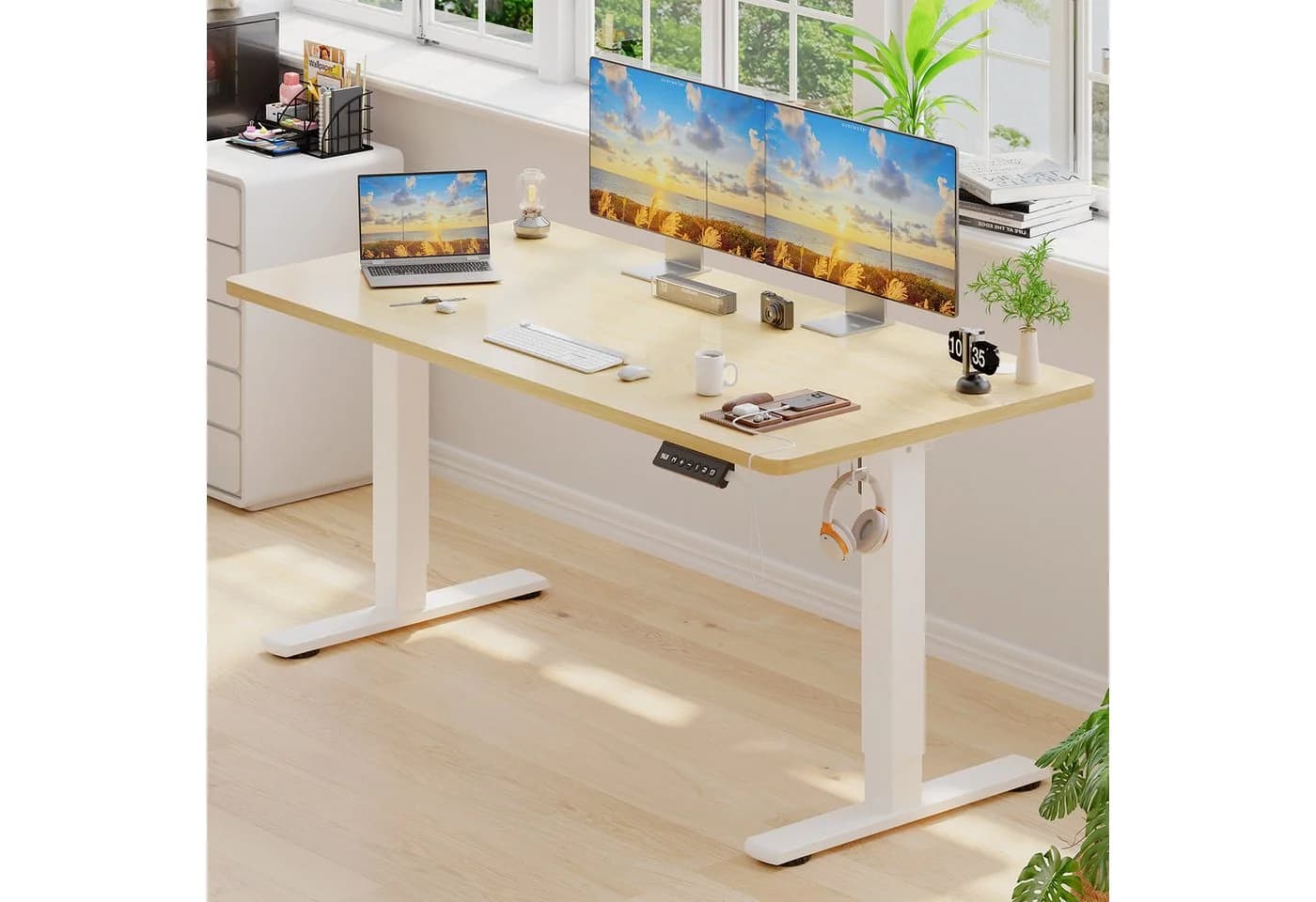 HOMALL Höhenverstellbarer Schreibtisch Beige mit USB & Memory