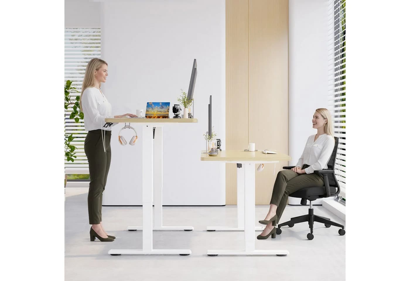 HOMALL Höhenverstellbarer Schreibtisch Beige mit USB & Memory - Bild 4