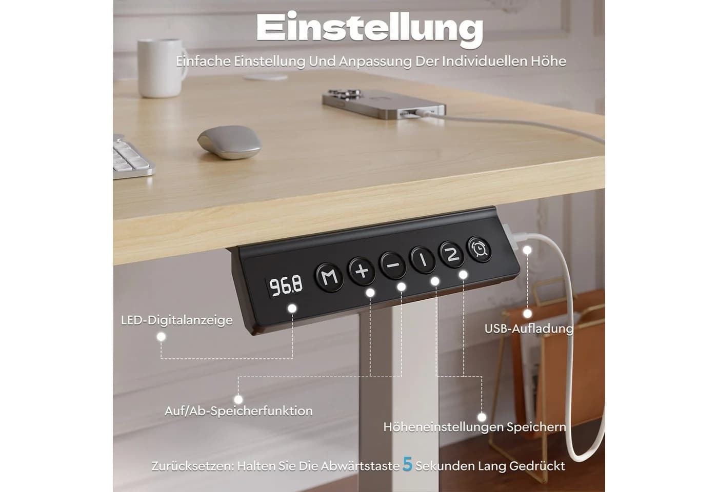 HOMALL Höhenverstellbarer Schreibtisch Beige mit USB & Memory - Bild 5