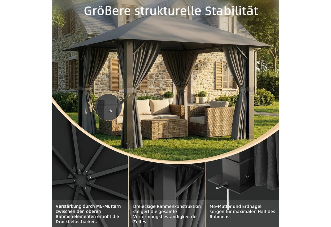 GUNJI Pavillon 3,3x3,3m Wasserdicht Grau Schwarz Gartenpavillon - Bild 1