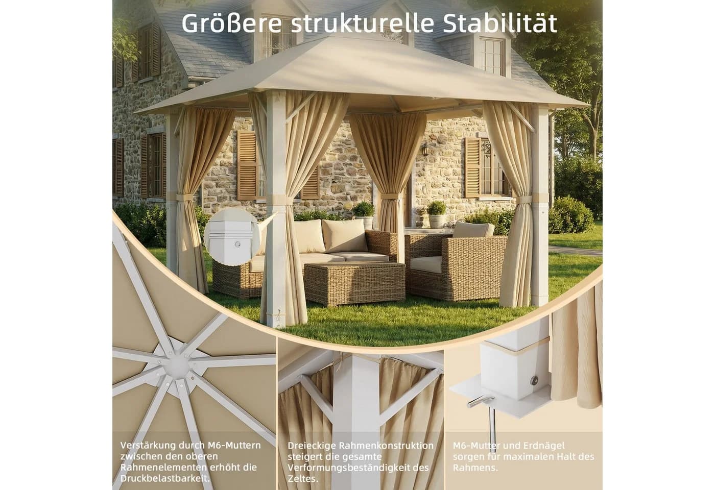 GUNJI Pavillon 3,3x3,3m wasserdichtes Gartenzelt Patio Gazebo Partyzelt
