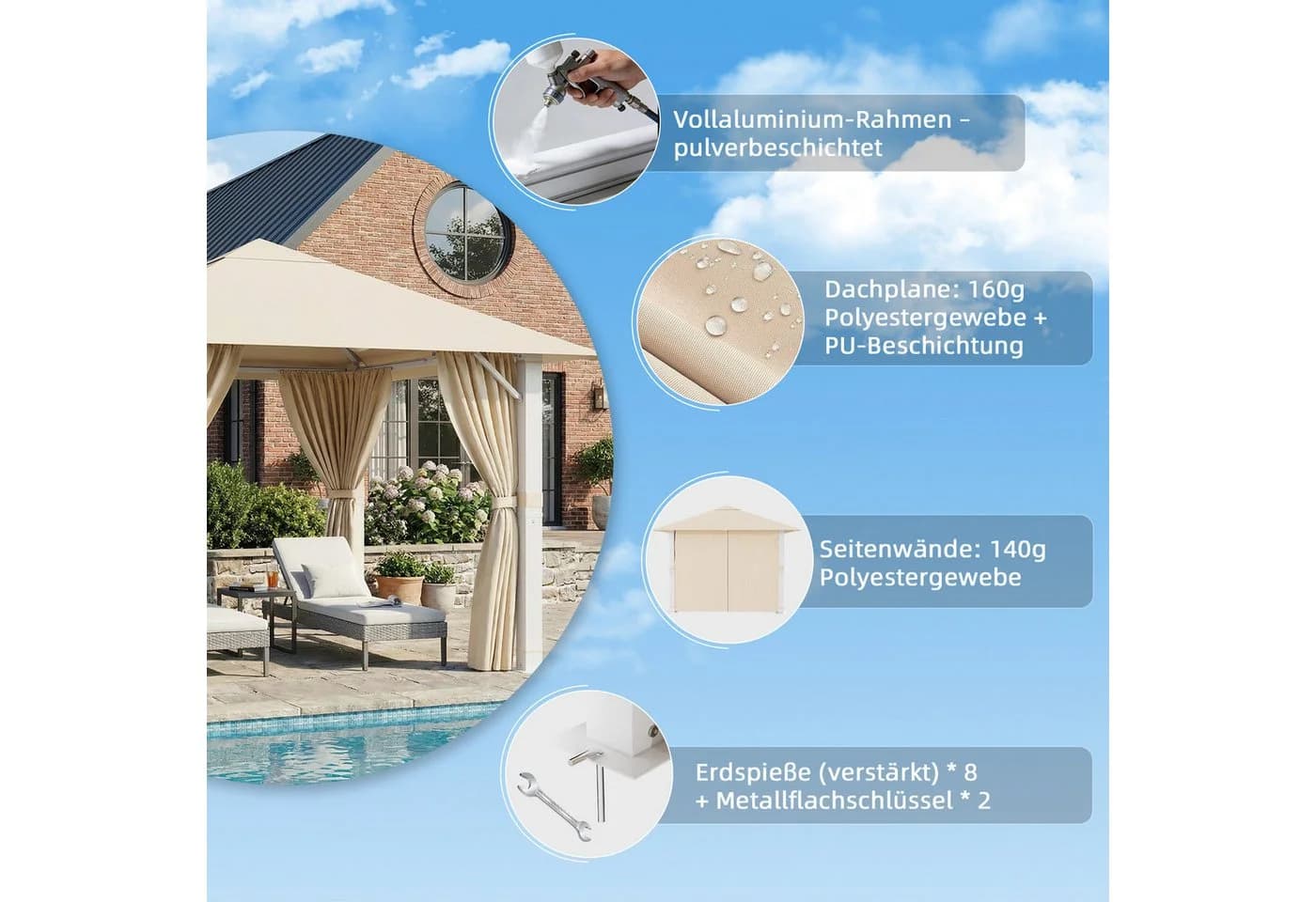 GUNJI Pavillon 3,3x3,3m wasserdichtes Gartenzelt Patio Gazebo Partyzelt - Bild 4