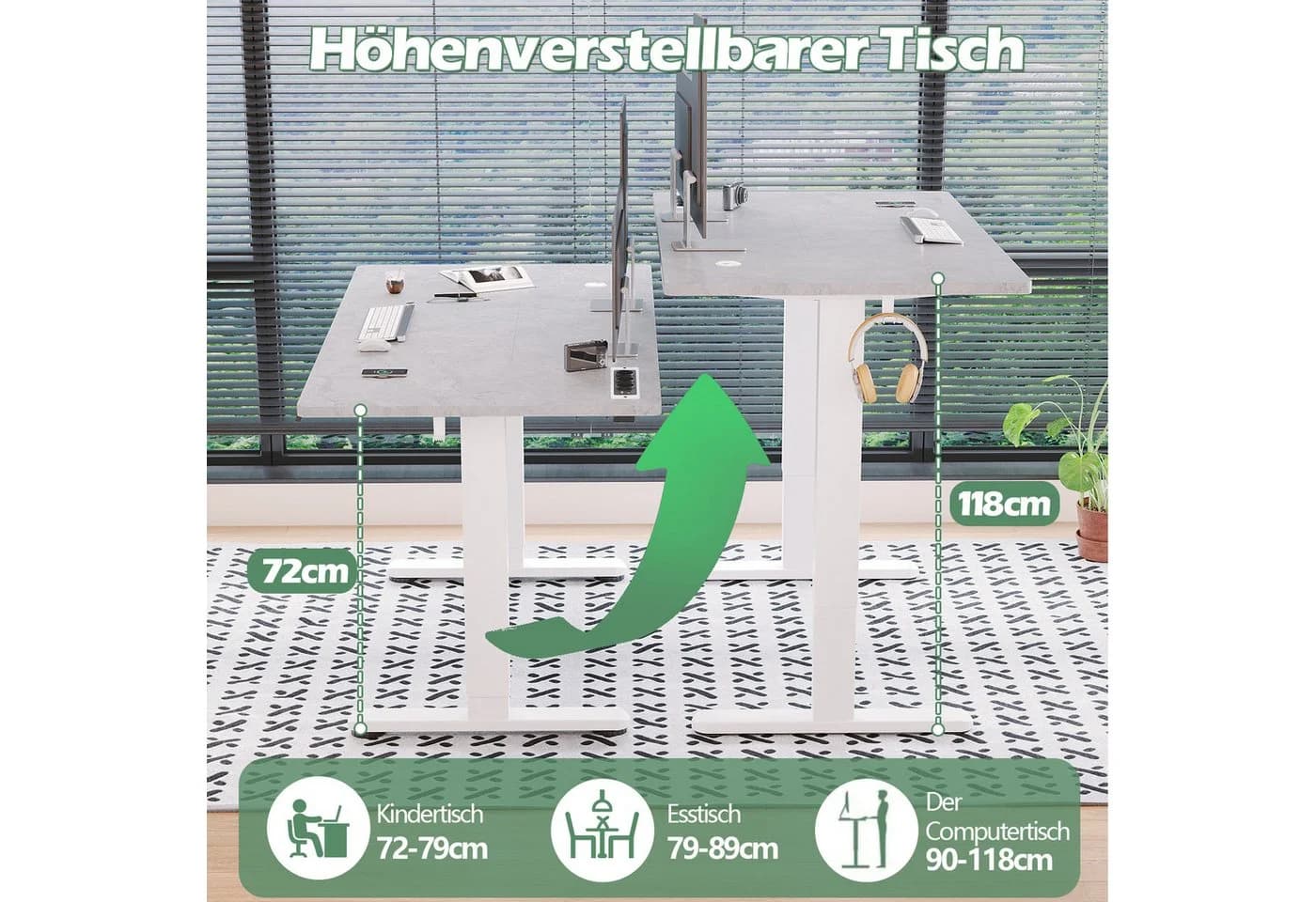 HOMALL Schreibtisch Höhenverstellbar mit 3-Buchsen und 2-USB-Ports mit kabellosem Laden