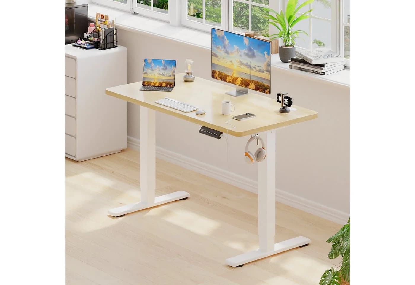 HOMALL Höhenverstellbarer Schreibtisch Beige 80kg Tragkraft USB