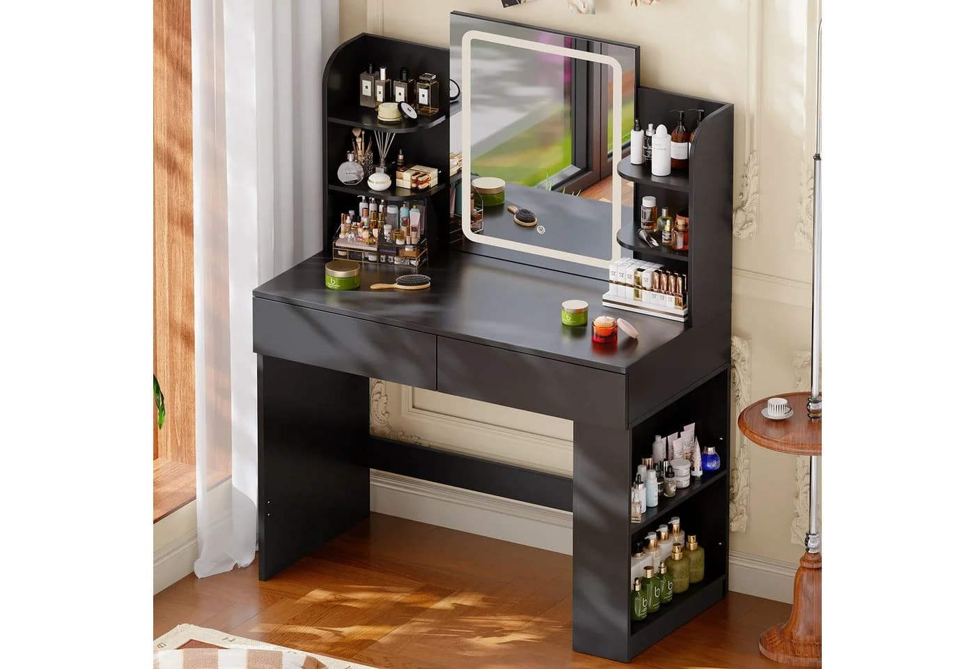 HOMALL Schminktisch mit Spiegel, LED-Beleuchtung, einstellbare Helligkeit, 2 Schubladen