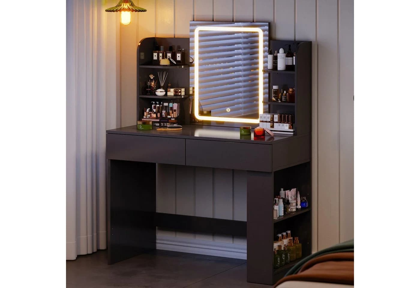 HOMALL Schminktisch mit Spiegel, LED-Beleuchtung, einstellbare Helligkeit, 2 Schubladen - Bild 2