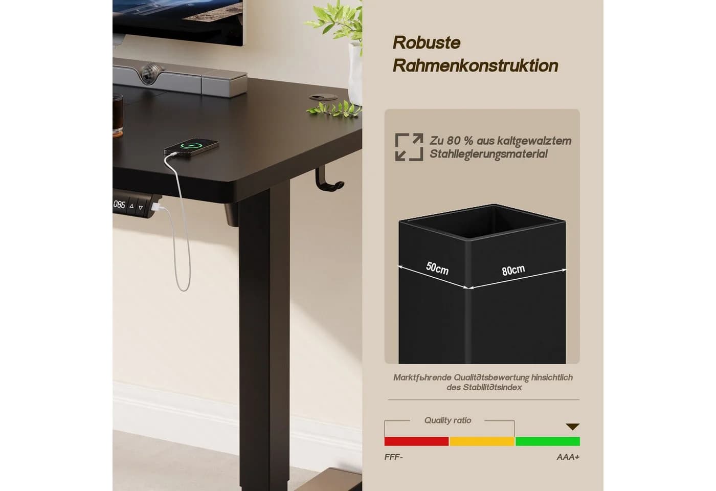 HOMALL Höhenverstellbarer Elektrischer Schreibtisch, Vierteilige Tischplatte, USB-Ladeanschluss, 3-stufige Höhe - Bild 3