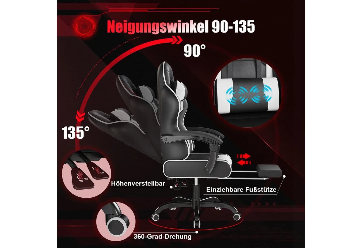 HOMALL Gaming-Stuhl Weiß mit Fußstütze & Massage-Funktion
