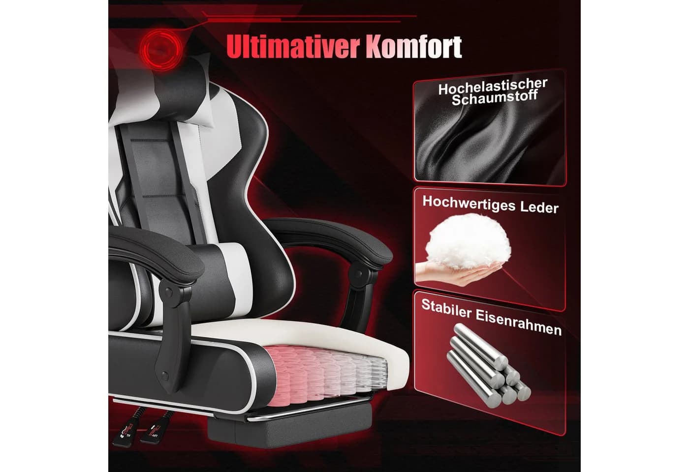 HOMALL Gaming-Stuhl Weiß mit Fußstütze & Massage-Funktion - Bild 3
