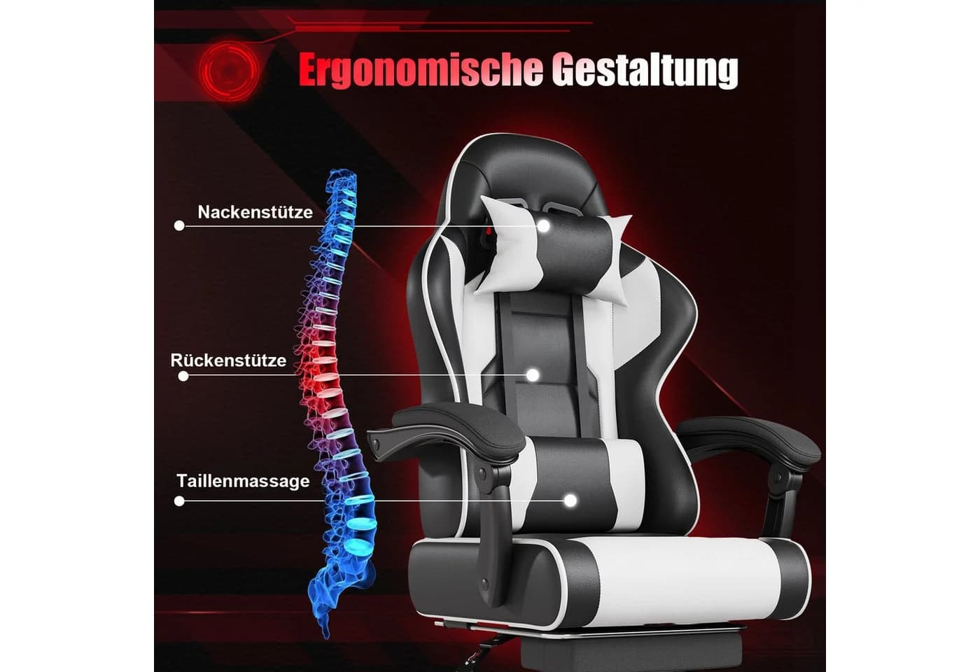 HOMALL Gaming-Stuhl Weiß mit Fußstütze & Massage-Funktion - Bild 4