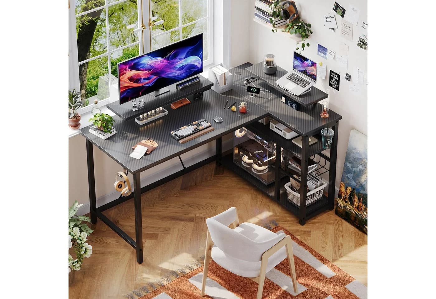 Furnicopia L-förmiger Gaming-Schreibtisch mit LED & Steckdosen