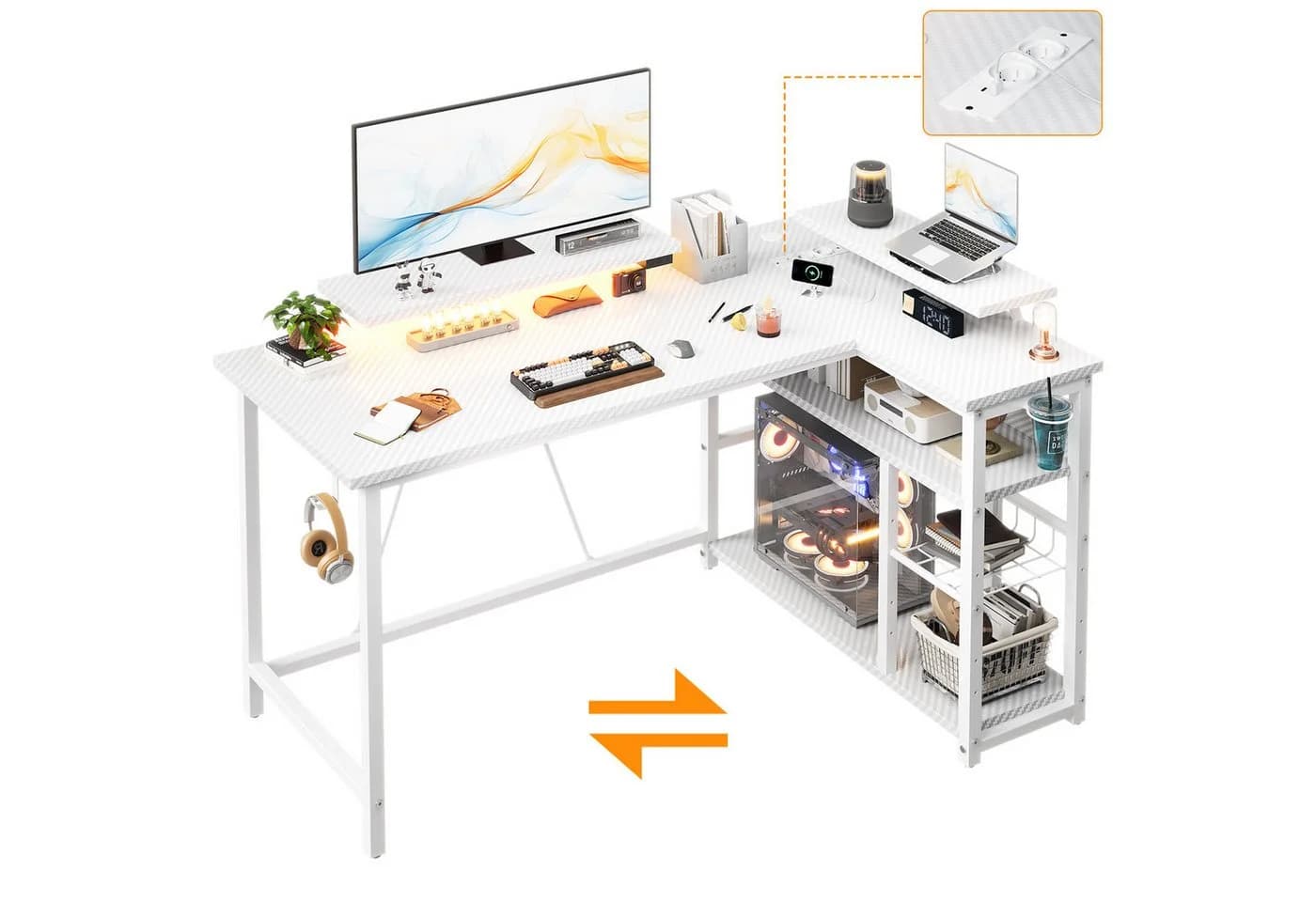 Furnicopia Eckschreibtisch L-förmig Gaming-Schreibtisch mit Stauraum, Steckdosen und LED - Bild 2