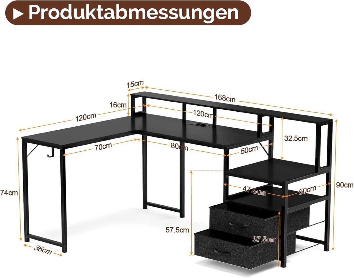 GUNJI Eckschreibtisch L-Schreibtisch mit Stauraum, Steckdose und USB-Ladeport - Bild 3