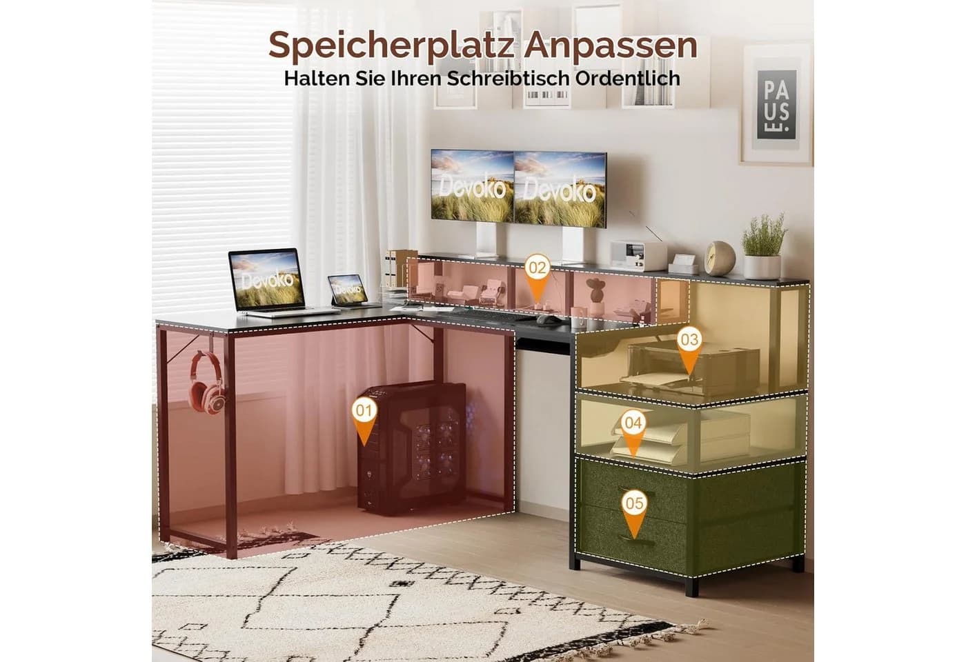 GUNJI Eckschreibtisch L-Schreibtisch mit Stauraum, Steckdose und USB-Ladeport - Bild 5