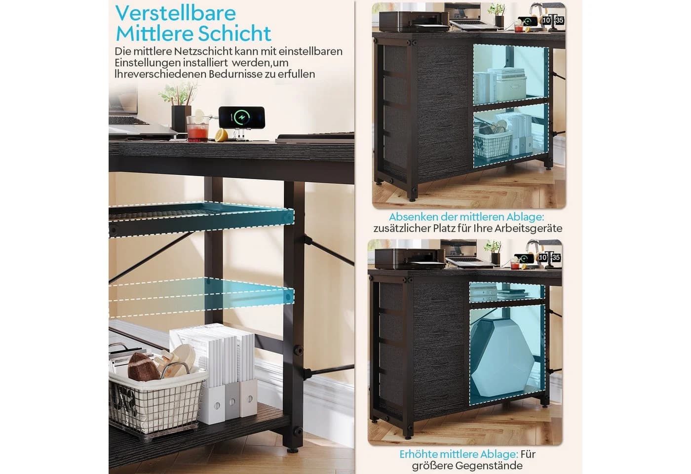 HOMALL Eckschreibtisch 140/160 cm Schreibtisch mit Schubladen, Monitorhalterung, Gaming-Tisch - Bild 4
