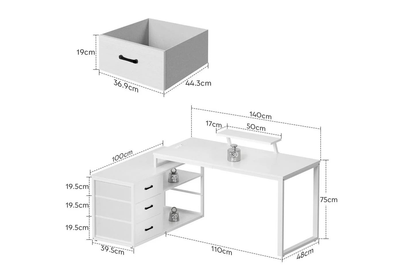 HOMALL L-förmiger Eckschreibtisch mit USB-Anschluss und zwei Steckdosen - Bild 4