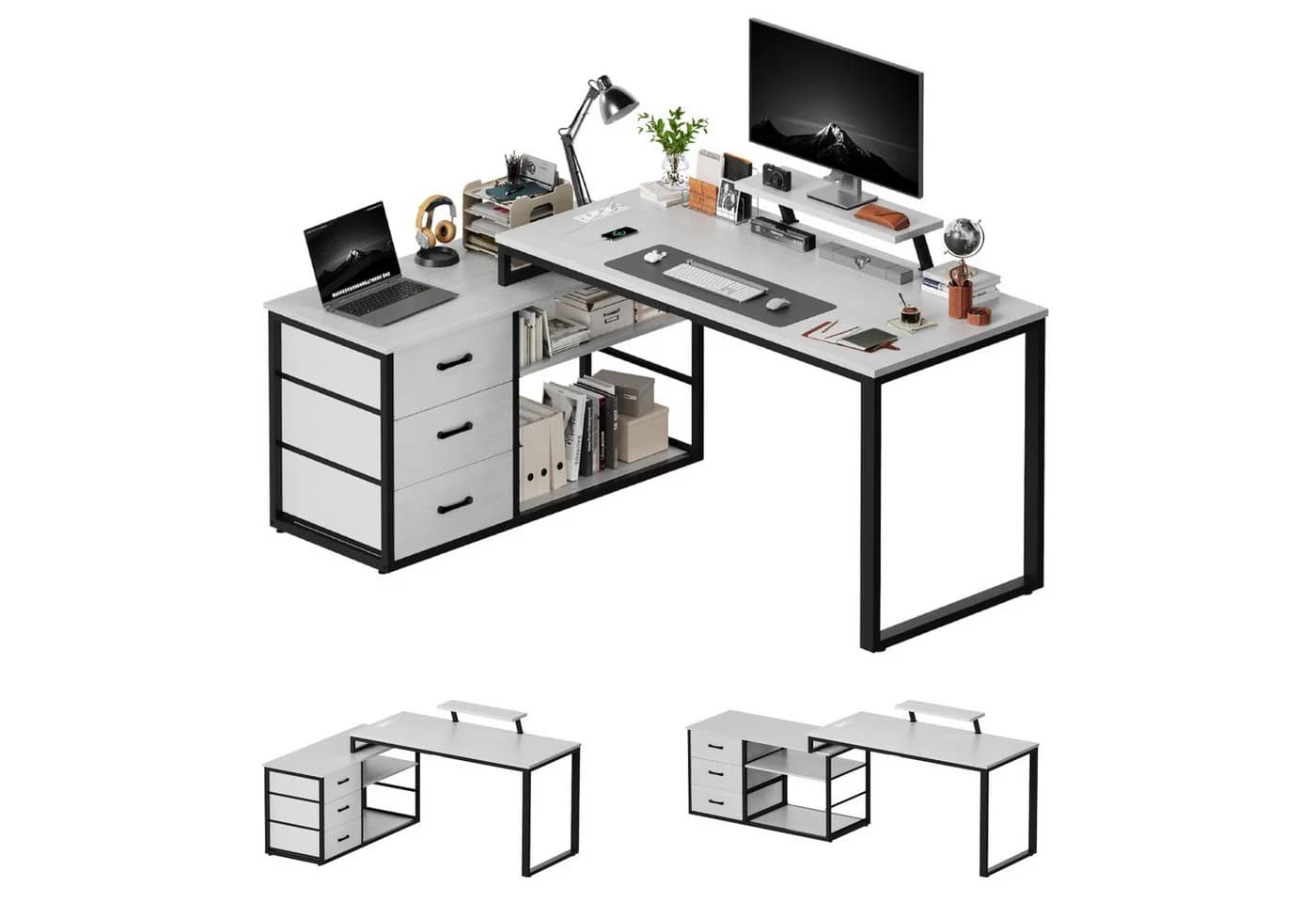 Furnicopia Eckschreibtisch 140cm mit Monitorarm, Computertisch mit drehbarer Tischplatte - Bild 2