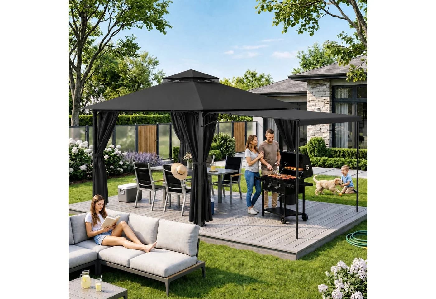 GUNJI Pavillon mit 1,8m ausziehbarer Seitenmarkise und Moskitonetz Grau