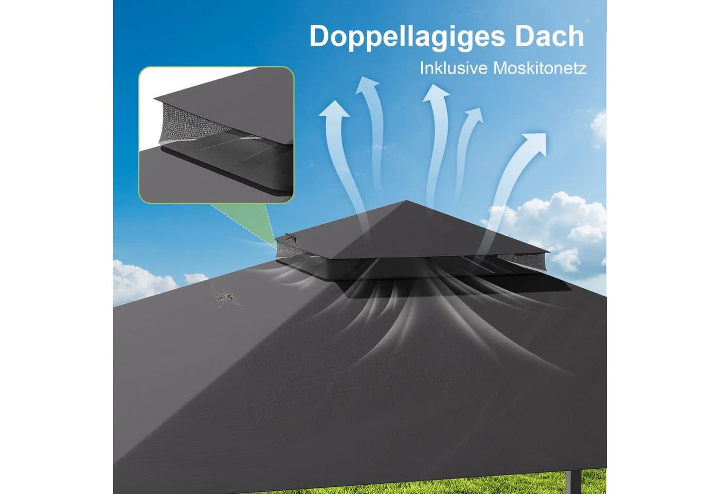 GUNJI Pavillon mit 1,8m ausziehbarer Seitenmarkise und Moskitonetz Grau - Bild 5