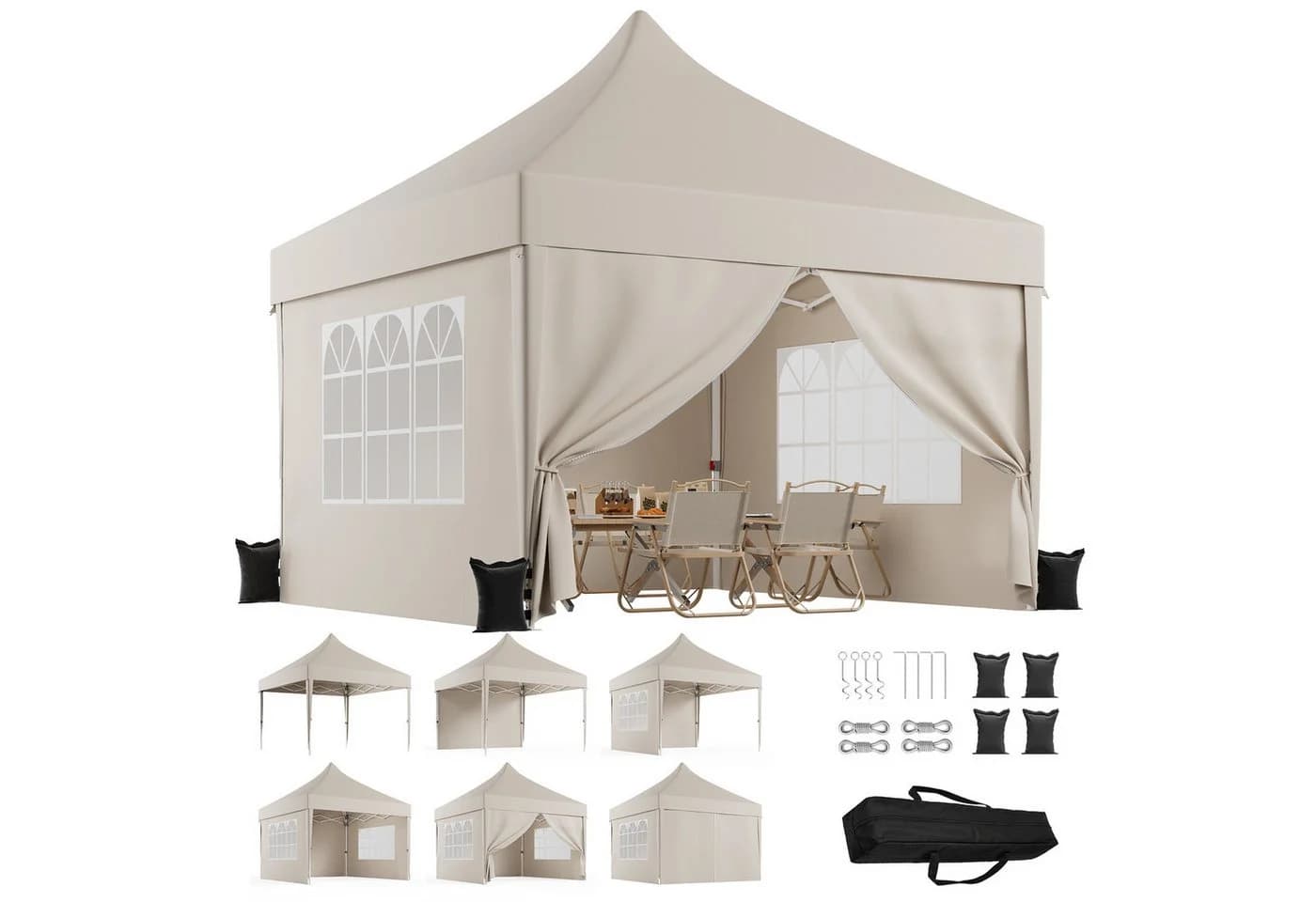 GUNJI Faltpavillon 3x3m Beige UV50+ höhenverstellbar