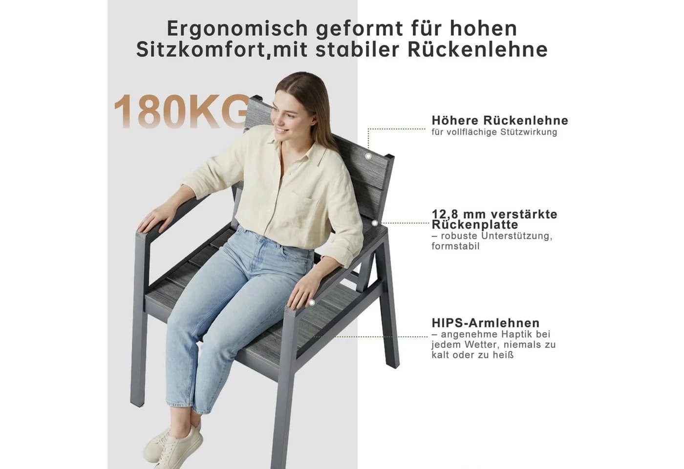 GUNJI Gartenstuhl Holzimitat Grau Stapelbar Alu-Outdoorstuhl - Bild 5