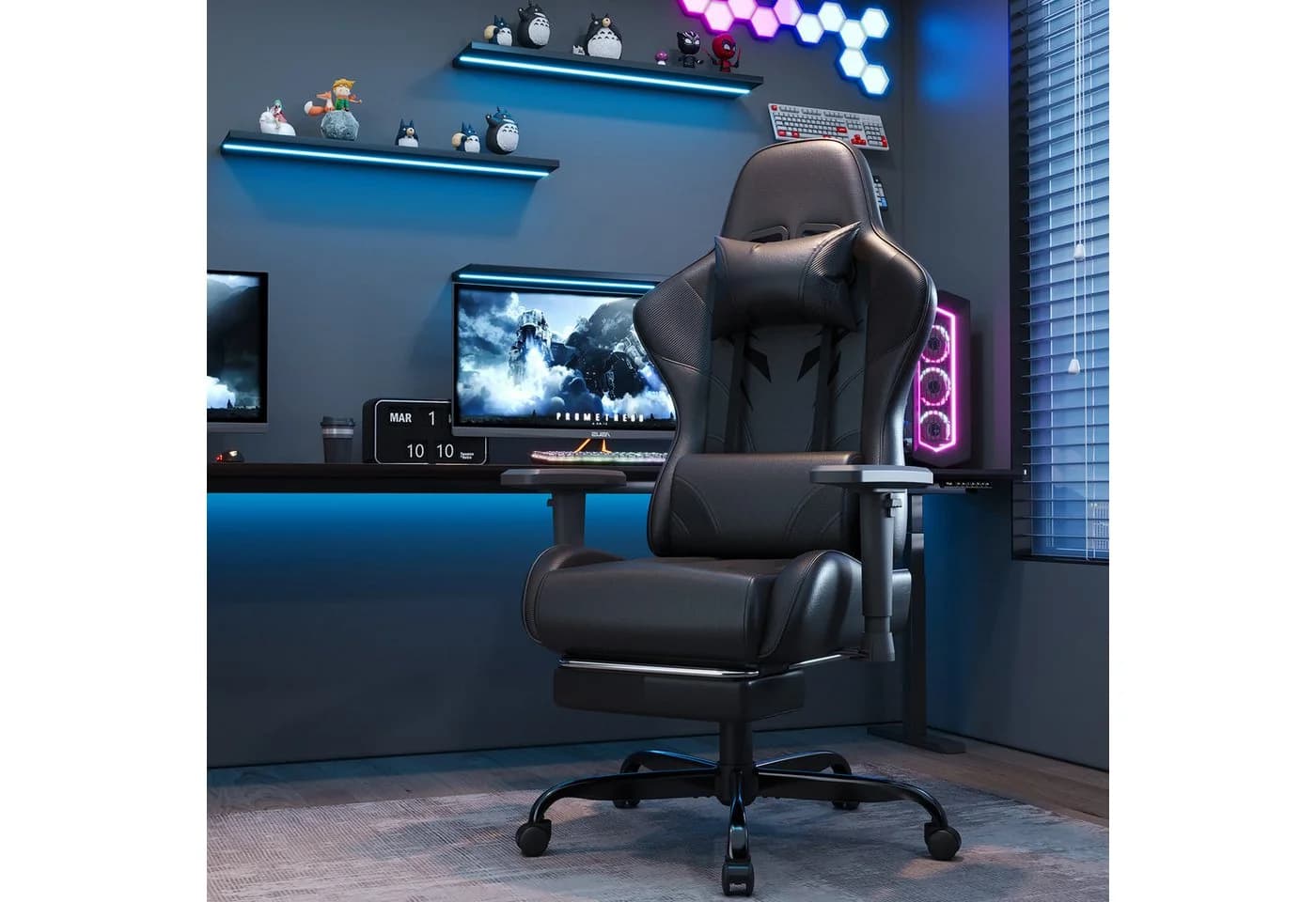 HOMALL Gaming-Stuhl Schwarz mit verstellbaren Armlehnen und Fußstütze